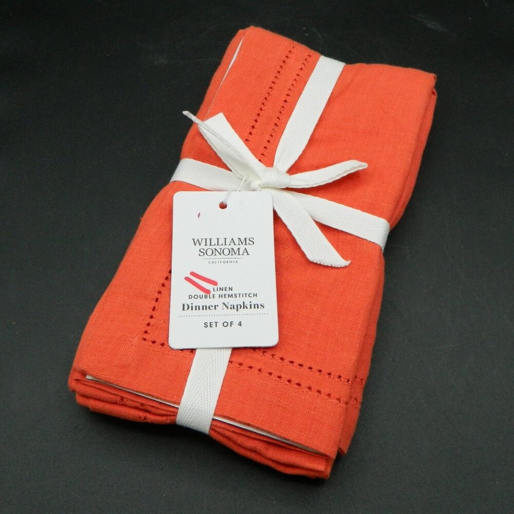 Williams Sonoma Linen Double Hemstitch 20"Sq Dinner Napkins in Chili, Set of 4